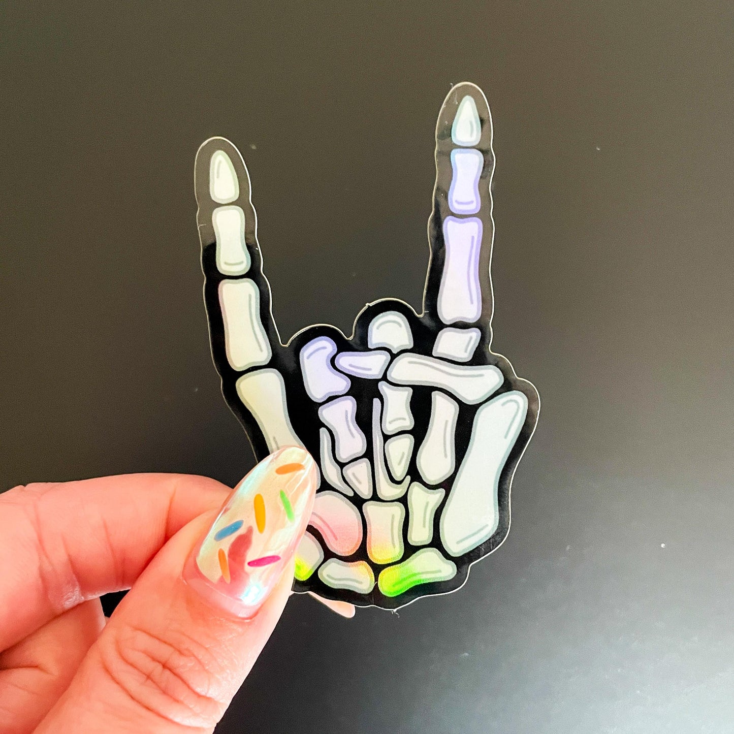 Skeleton Rock On Holographic Sticker