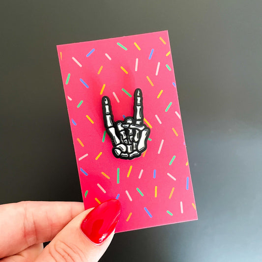 Skeleton Rock On Sign Enamel Pin