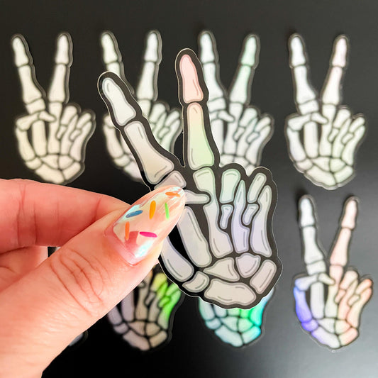Skeleton Peace Sign Holographic Sticker