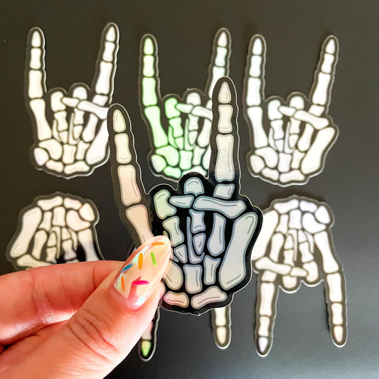 Skeleton Rock On Holographic Sticker