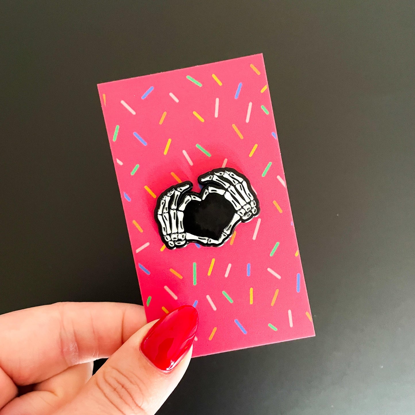 Skeleton Heart Hands Enamel Pin